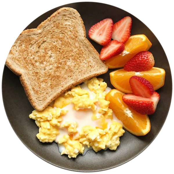Scrambled Eggs with Toast and Fruit