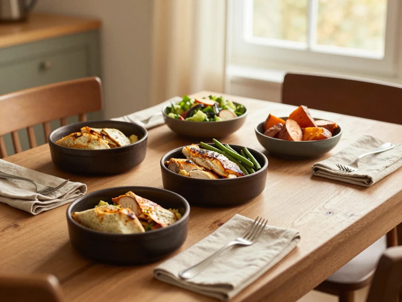 A family table set with healthy homemade meals